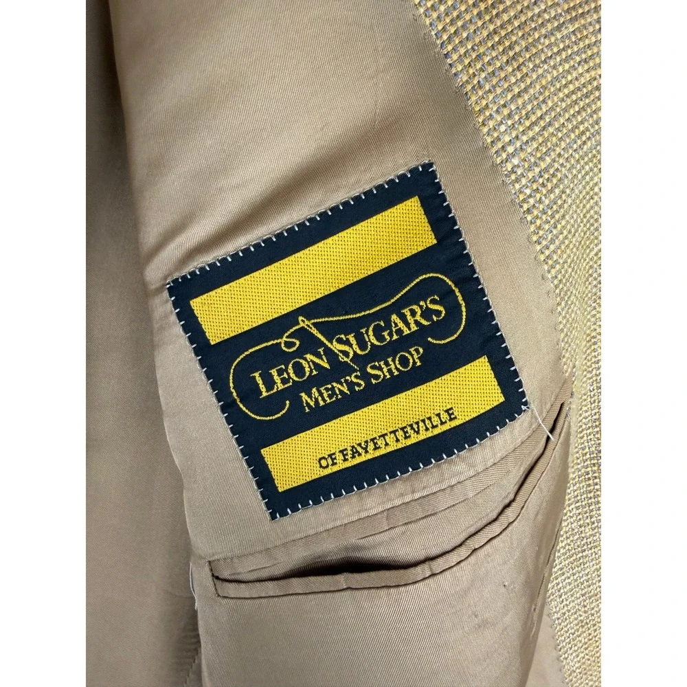 Canali Mens Silk Linen Wool Blazer Tan Gold Houndstooth Sport Coat Italy 54 L